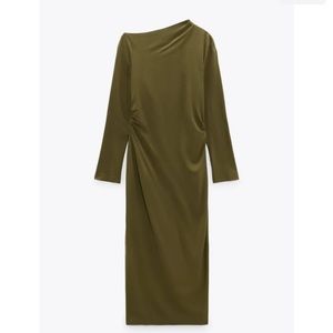 Zara Khaki Fitted Wool Blend Dress With Pleats Asymmetric Neckline